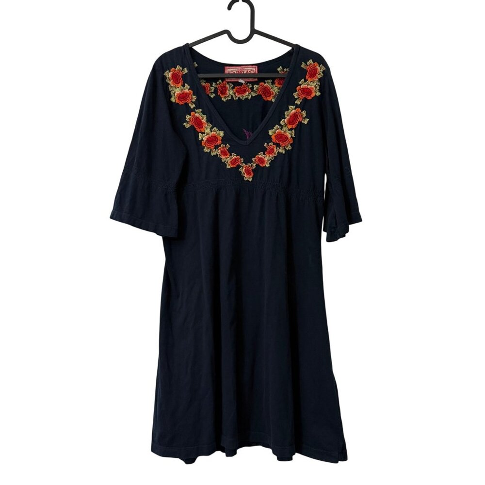 Johnny Was Navy Floral Embroidered Flare Sleeve Cotton Vneck Dress Womens Large